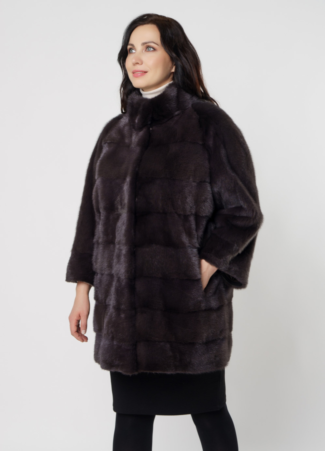 Шуба из норки с воротником стойка в поперечном раскладе модель № 8010 универмаг малина