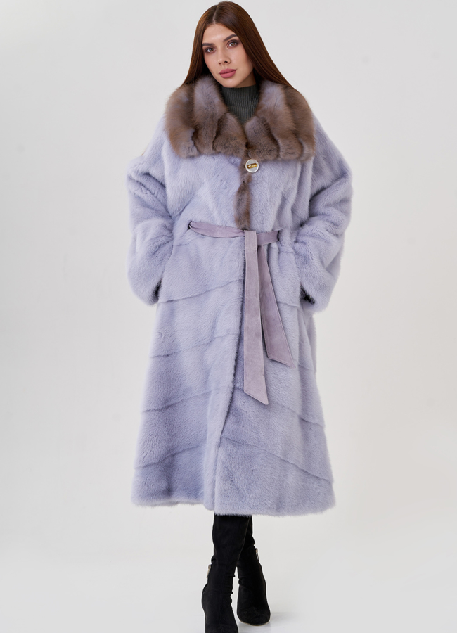 Норковая шуба с отделкой из куницы модель № 23083 универмаг малина