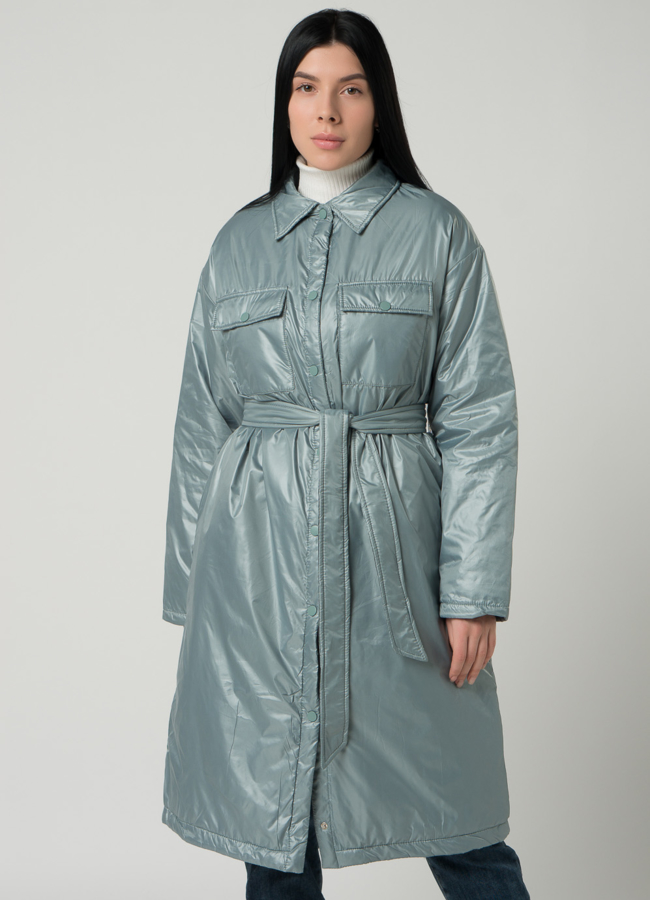 Женское пальто-рубашка светло-зеленого цвета с поясом модель № 22392 универмаг малина