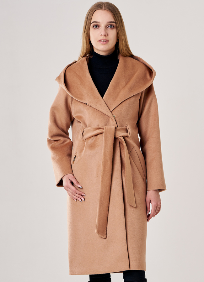 Пальто женское коричневого цвета с капюшоном модель № 038 универмаг малина