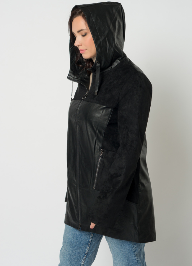 Полупальто из эко кожи с капюшоном модель № 21575 универмаг малина