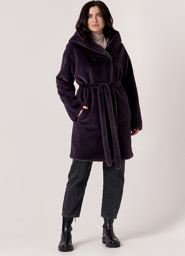 Двусторонняя шуба из эко меха с капюшоном модель № 19352 меха малина