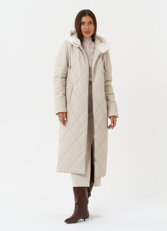 Женский стеганый пуховик из эко кожи с капюшоном модель № 27731 универмаг малина