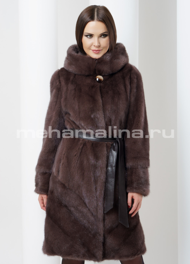 Шуба из норки с капюшоном модель № S-485 меха малина