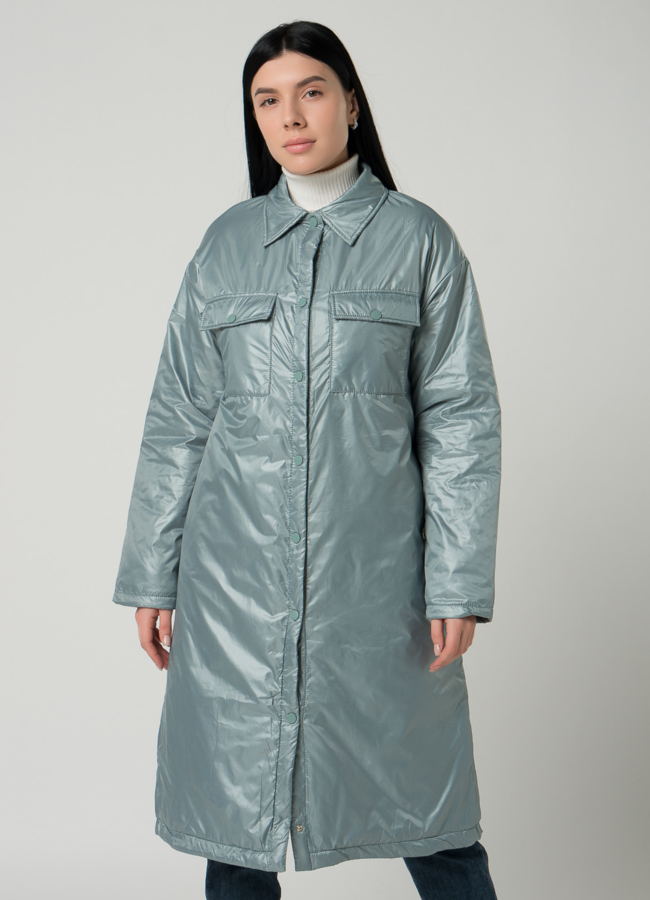 Женское пальто-рубашка светло-зеленого цвета с поясом модель № 22392 меха малина