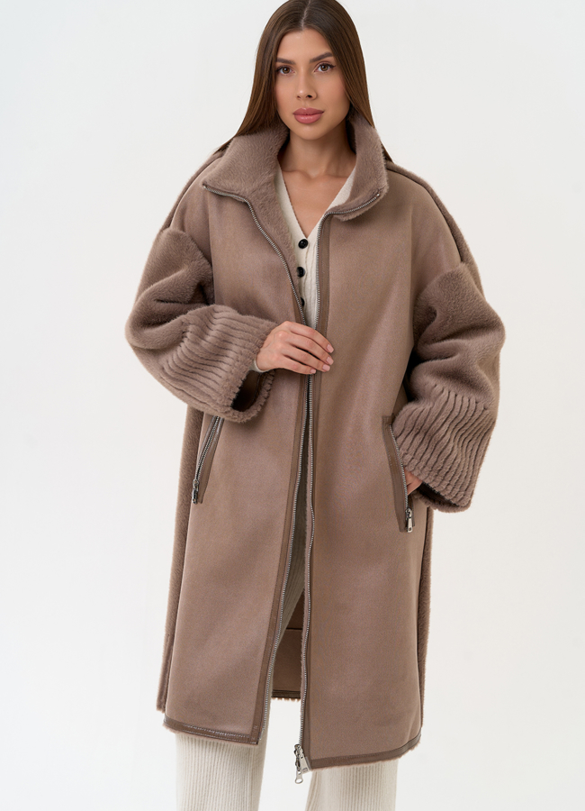 Женская двухсторонняя дубленка из эко замши с воротником стойкой модель № 31415 меха малина Женская двухсторонняя дубленка из эко замши с воротником стойкой модель № 31415 меха малина