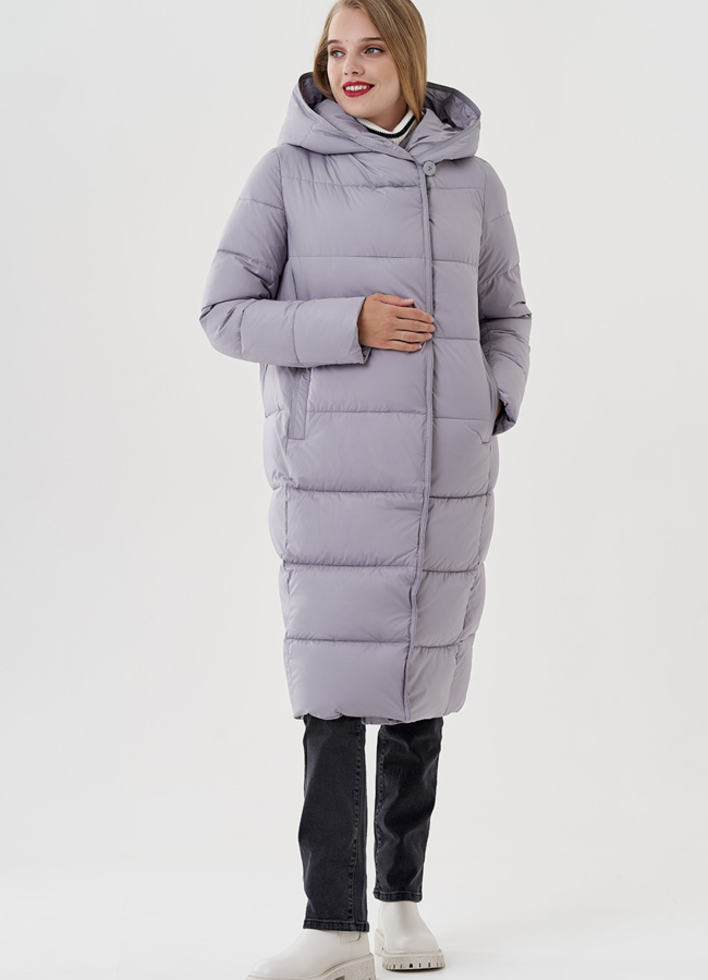 Женское пальто пуховик в сером цвете модель № 81344 меха малина