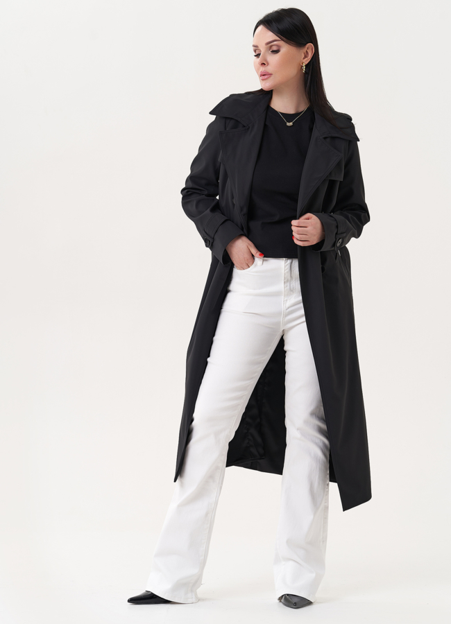 Классический плащ черного цвета с английским воротником модель № 27218 в кредит