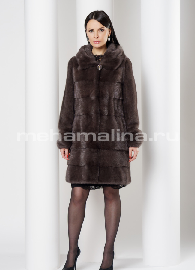 Норковая шуба в поперечном раскладе с капюшоном в цвете капучино модель № S-762 в кредит