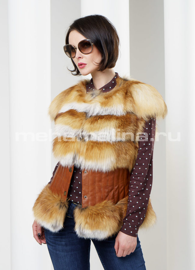 Жилет из лисы с кожей модель № M-46 меха малина