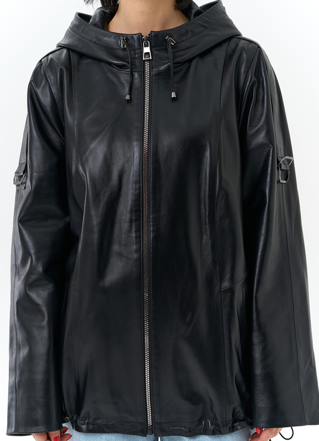 Женская куртка из натуральной кожи с капюшоном модель №  универмаг малина