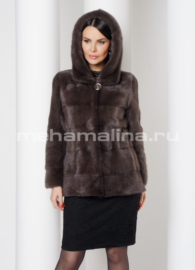 фото Норковая шуба в поперечном раскладе с капюшоном в цвете капучино модель № S-762