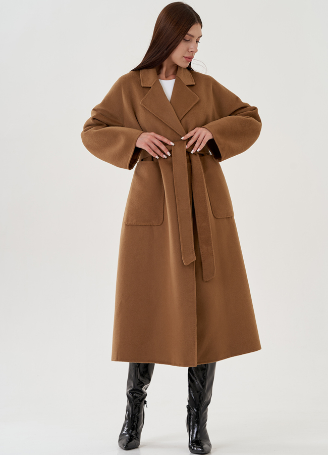 Удлиненное женское пальто в коричневом  цвете  модель № 81824 универмаг малина