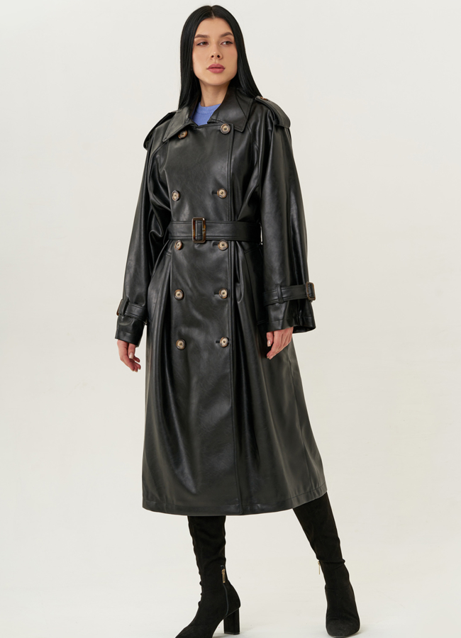 Женский плащ из эко кожи черного цвета модель № 22267 универмаг малина