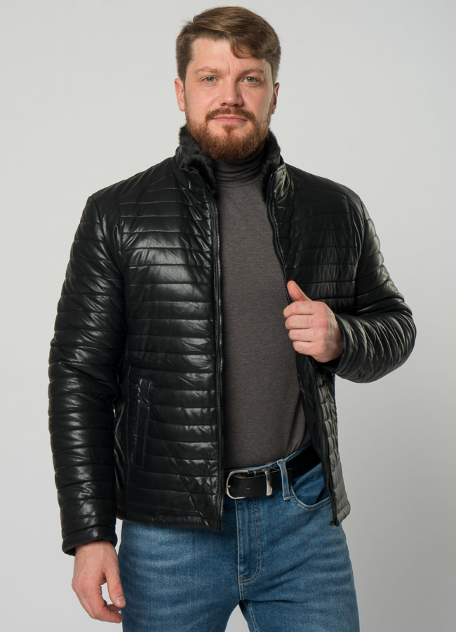 Мужской пуховик из эко кожи с отделкой из норки модель № 21944 универмаг малина