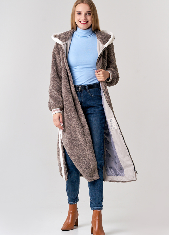 Удлиненное пальто с капюшоном в бежевом цвете модель № 21569 универмаг малина