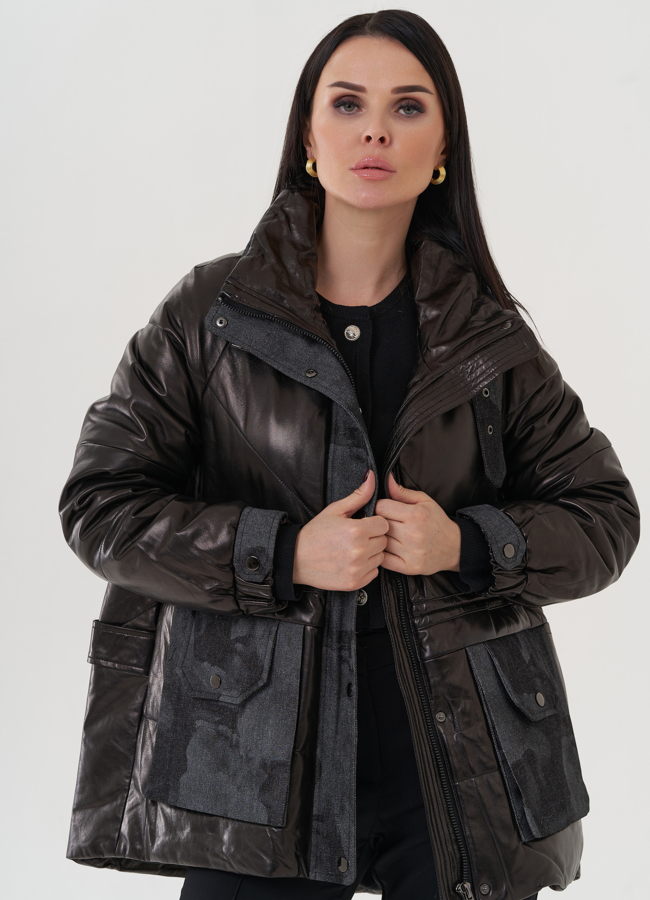 Полупальто из натуральной кожи с отделкой из меха песца  модель № 25381 универмаг малина