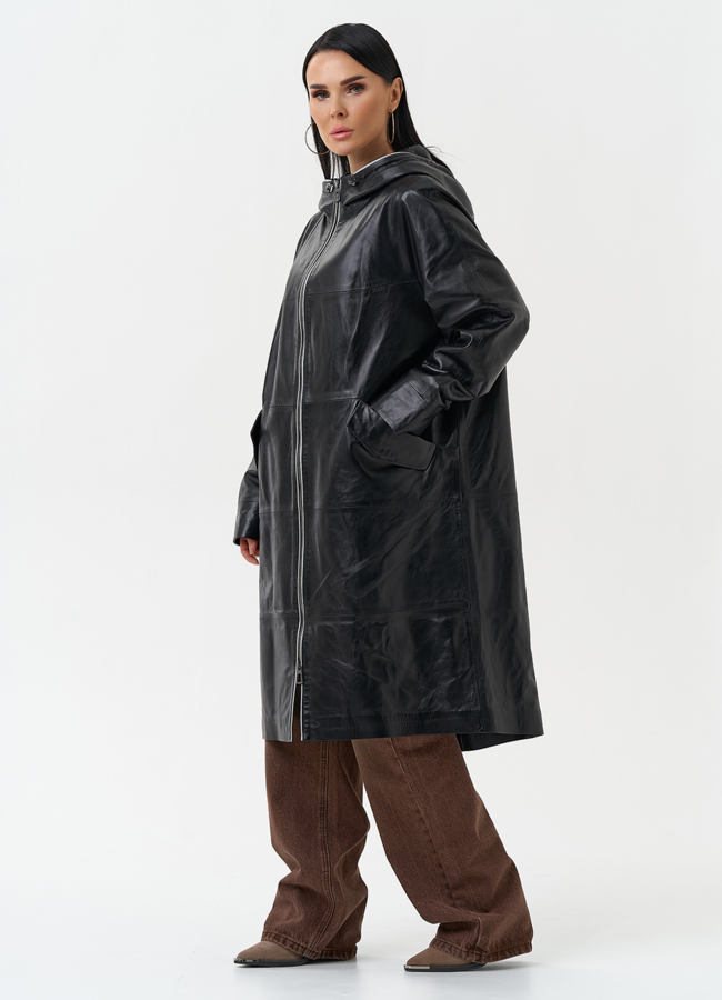 Женский плащ из натуральной кожи с капюшоном модель № 30339 в кредит