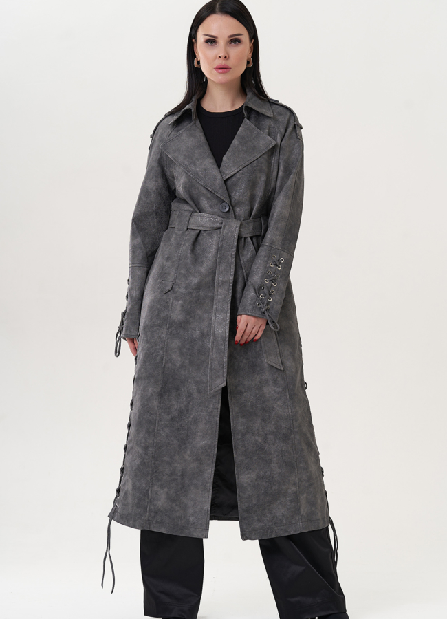 фото Удлиненный тренч из эко кожи с акцентной шнуровкой модель № 26807
