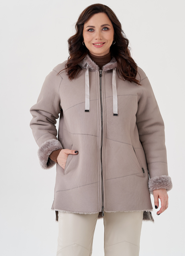 Женская дубленка  капюшоном модель № 23876 меха малина