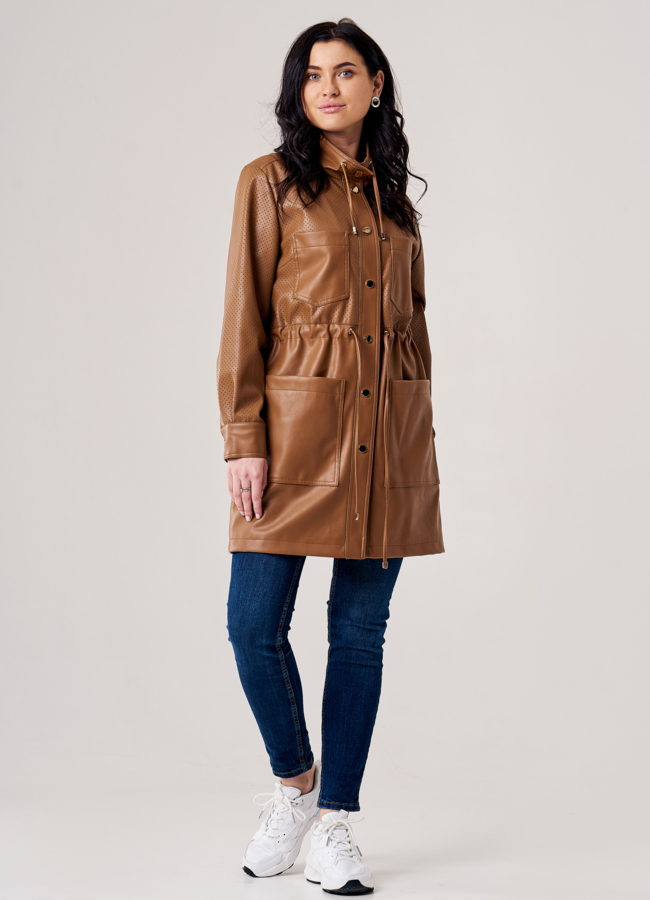 фото Плащ женский из эко кожи коричневого цвета модель № 20794