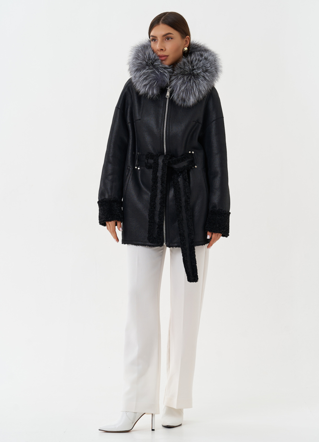 Двухсторонняя дубленка из эко кожи с капюшоном модель № 27772 в рассрочку