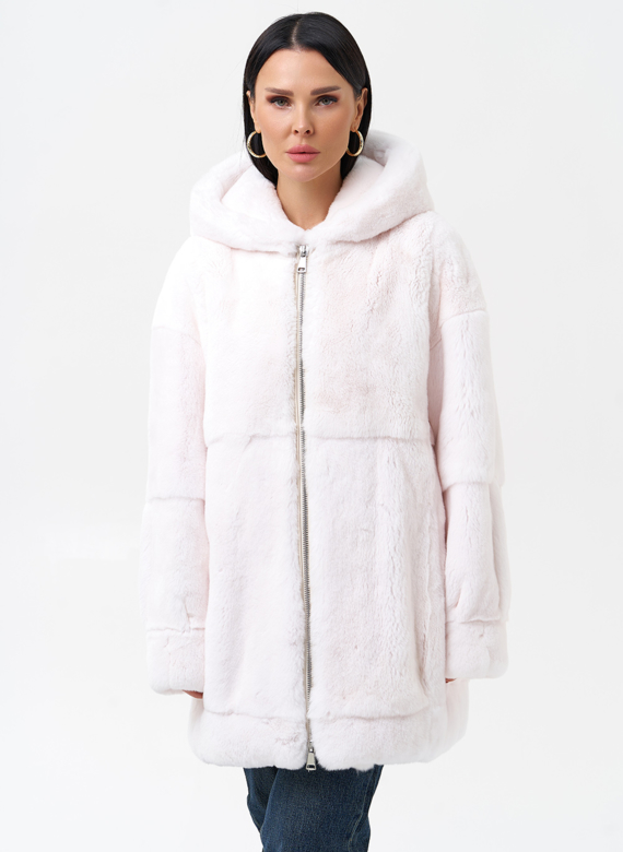 Шуба из меха кролика с капюшоном