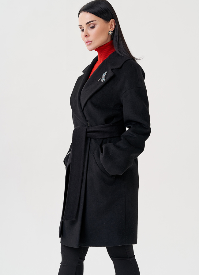 Женское пальто под пояс в черном цвете модель № 23960 универмаг малина