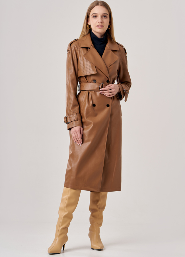 Коричневый тренч из искусственной кожи модель № 606 универмаг малина