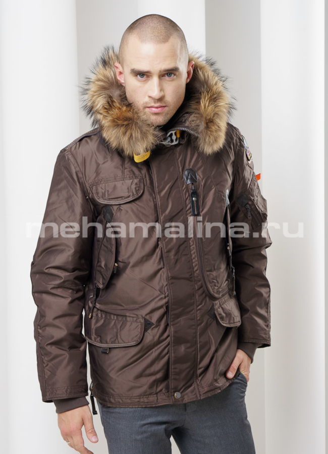 Пуховик коричневого цвета модель № KM-4 меха малина