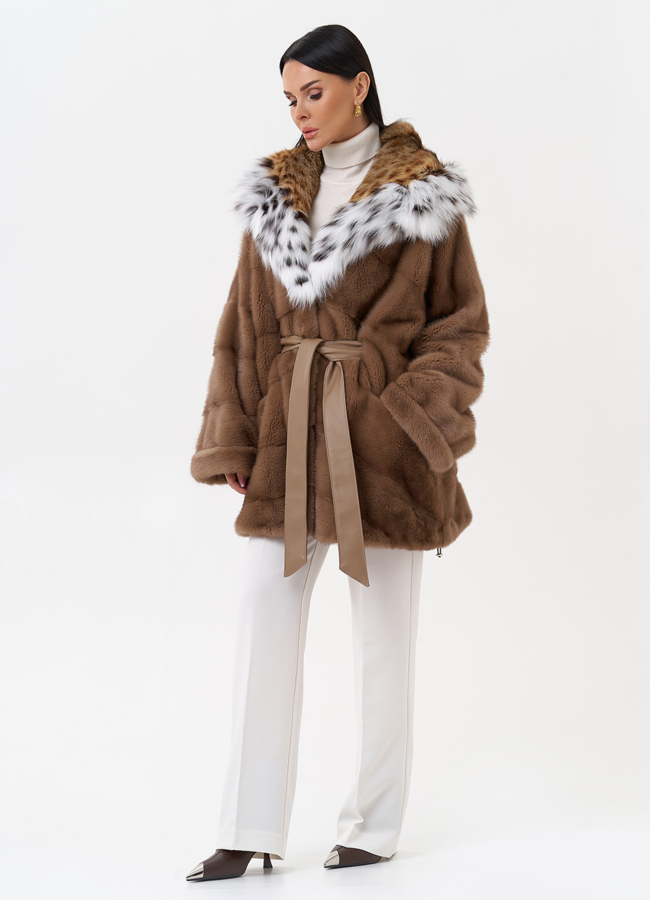 фото Короткая шуба из норки с рысью модель № 29523