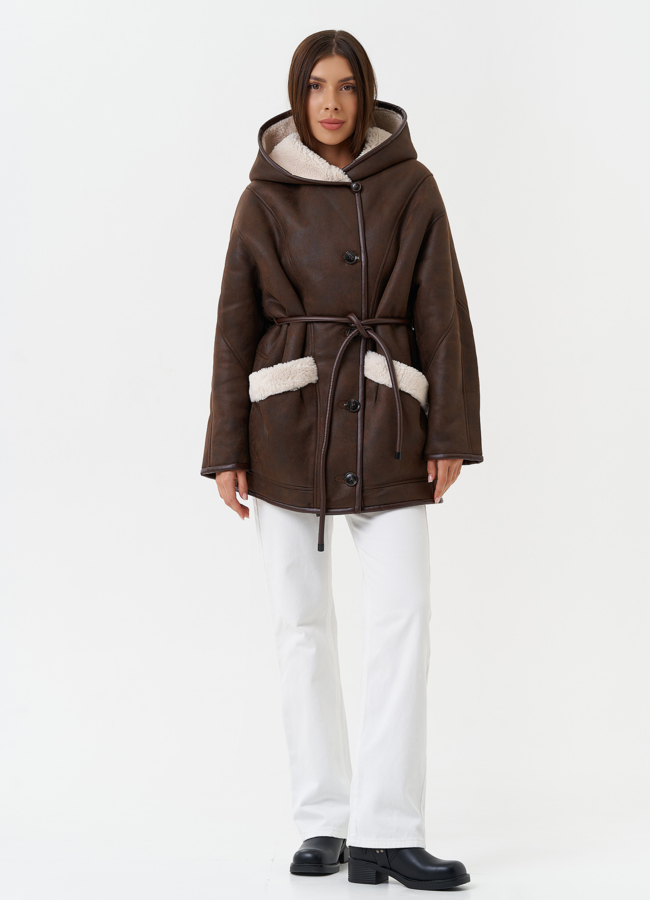 Дубленка из эко кожи с капюшоном модель № 28530 в кредит