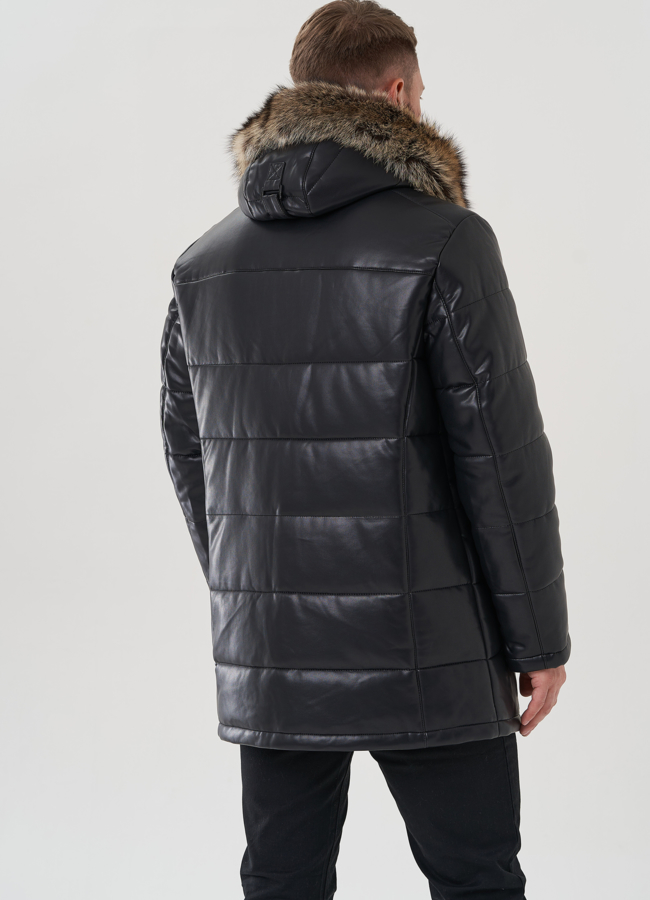 Мужской пуховик из эко кожи с капюшоном  модель № 81845 в кредит