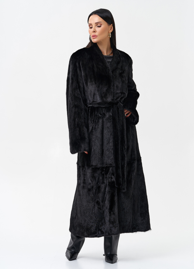 Длинная черная шуба из норки модель № 29092 меха малина