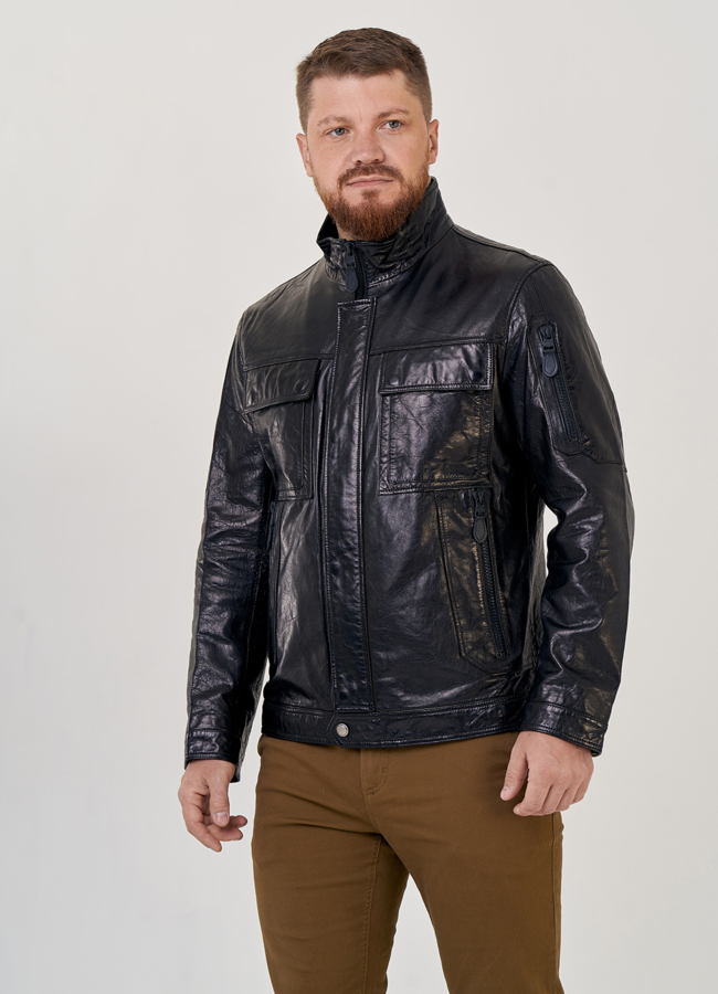 фото Мужская кожаная куртка черного цвета  модель № 23144