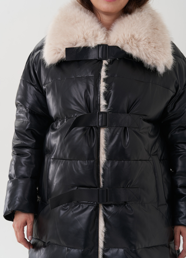 Пуховик из эко кожи с воротником из эко меха  модель № 24868 универмаг малина