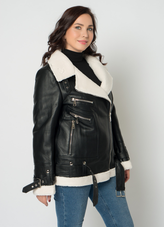 Дубленка пилот из эко кожи в черном цвете модель № 18284 в кредит