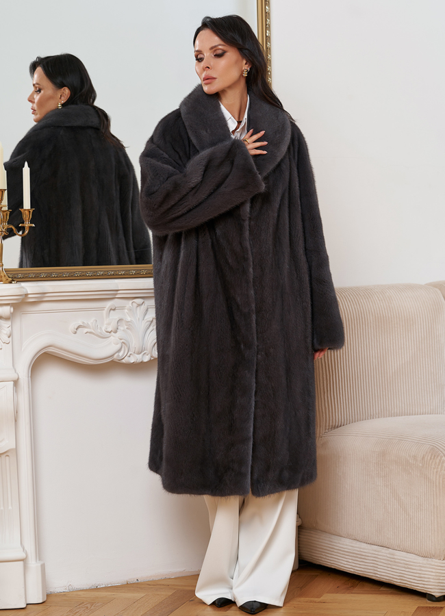 фото Женская шуба из меха норки с воротником шаль модель № 30674