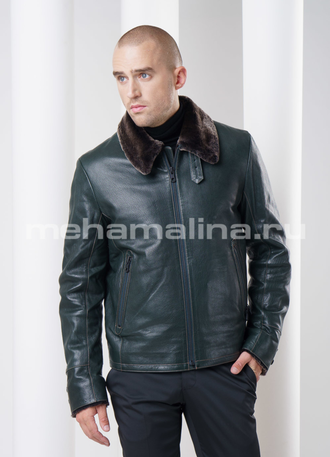 Мужская дубленка на молнии, цвет зеленый модель № DM-72 меха малина