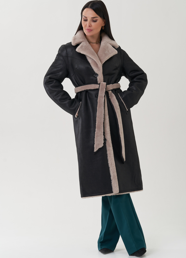 Двухсторонняя дубленка из эко кожи модель № 25418 меха малина