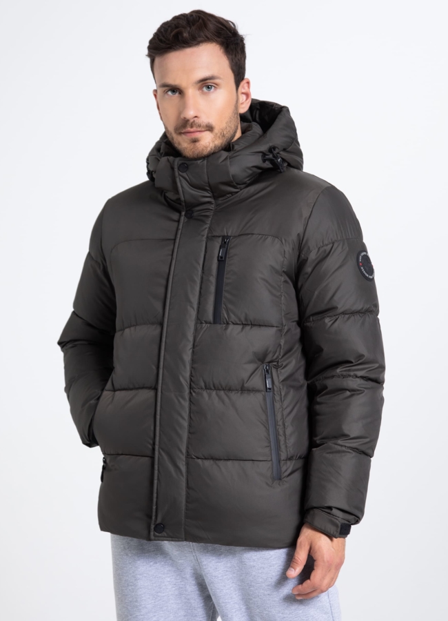 Мужской пуховик с капюшоном  модель № 25595 меха малина