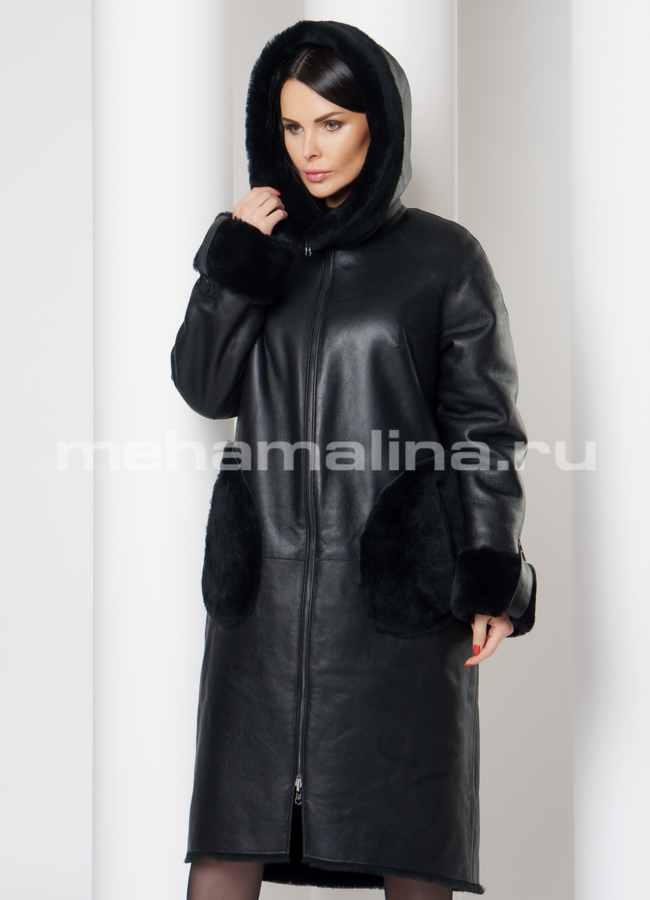 Дубленка из овчины на молнии с капюшоном модель № 3486 универмаг малина