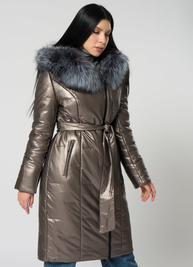 Пуховик из эко кожи с чернобуркой модель № 22122 в рассрочку