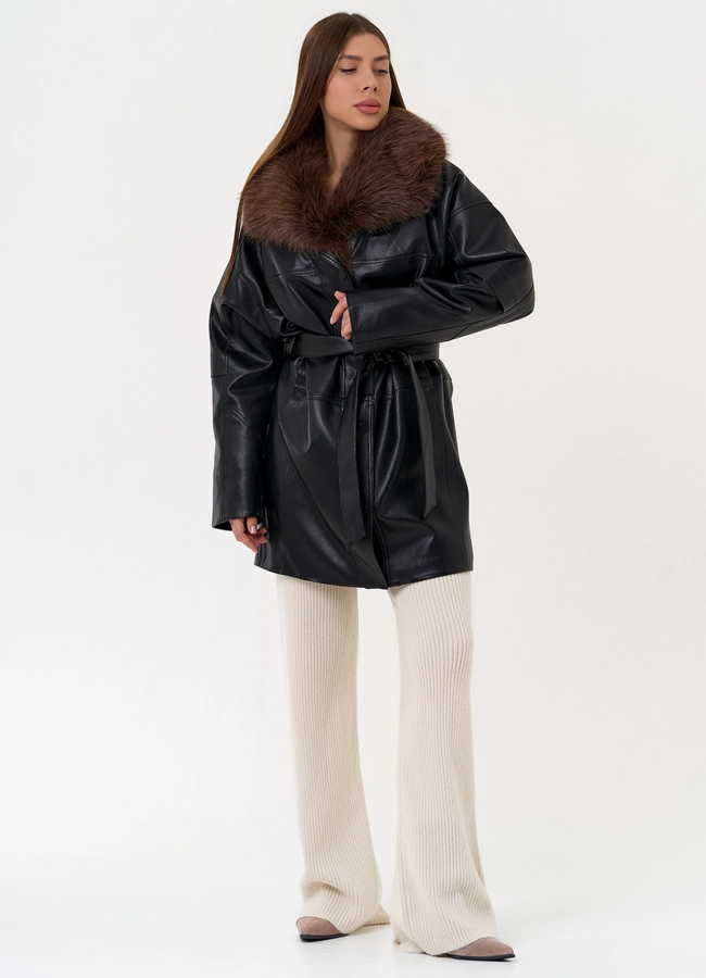 Женская утепленная куртка из эко кожи с воротником из эко меха модель № 31496 в рассрочку