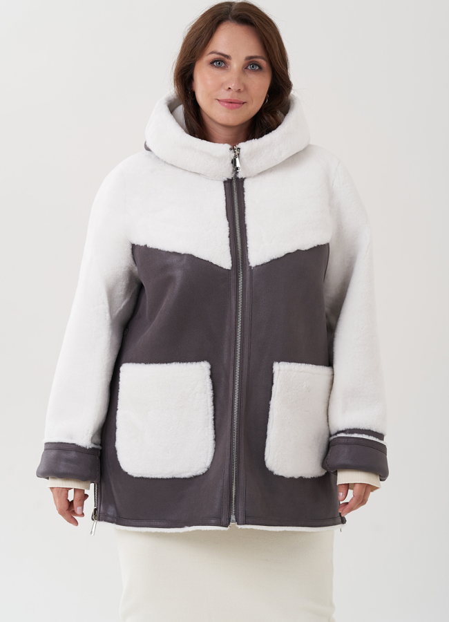 Двухсторонняя женская дубленка с капюшоном модель № 81981 меха малина