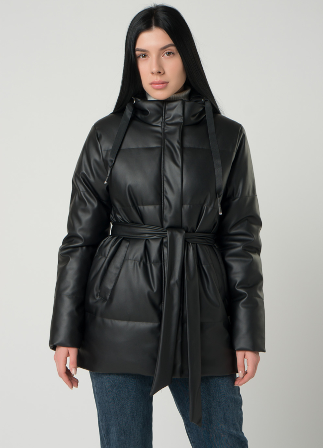 Женская куртка из эко кожи с поясом модель № 22318 меха малина