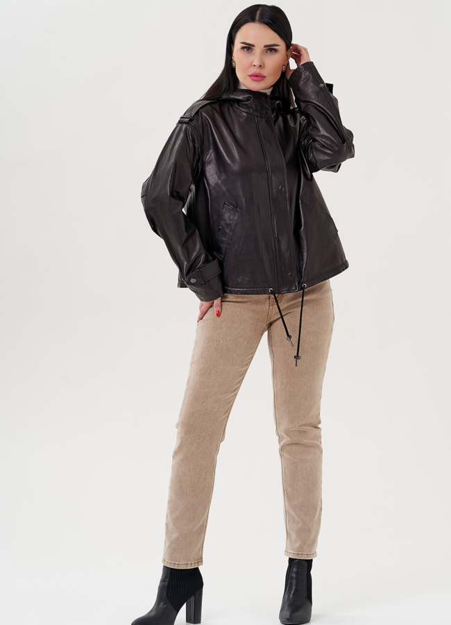 фото Кожаная куртка с капюшоном модель № 24361