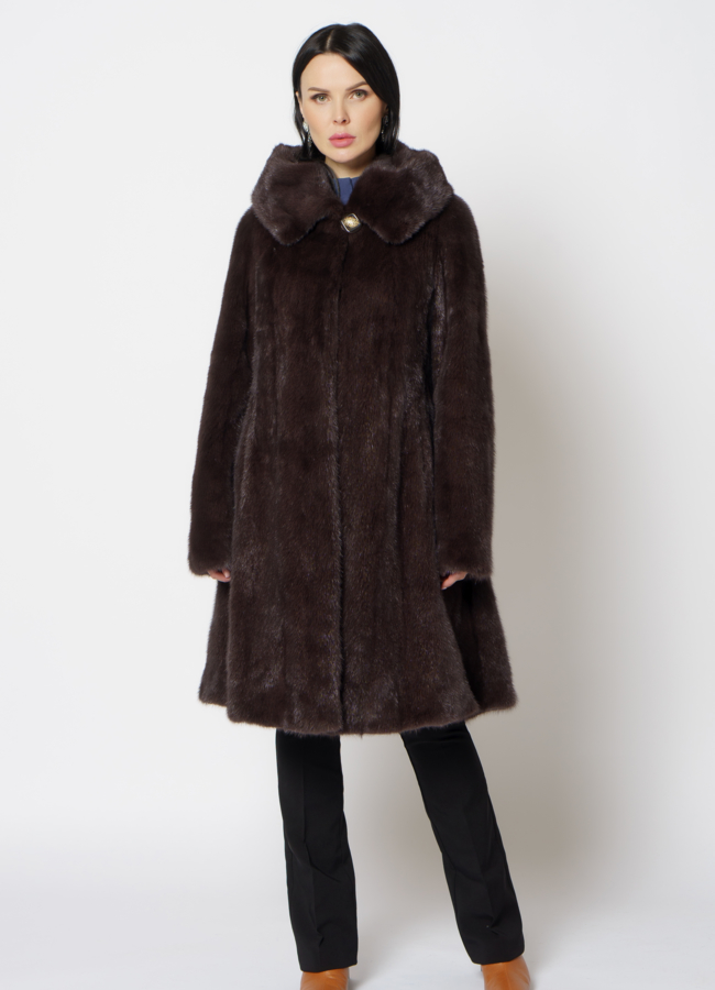 фото Норковая шуба с капюшоном в цвете капучино модель № 21115
