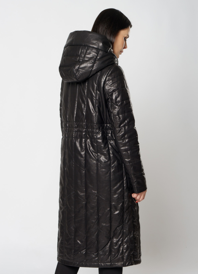 Пальто из натуральной кожи черного цвета с капюшоном 2 в 1 модель № 18233 в кредит