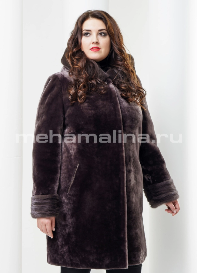 Шуба мутон, капюшон модель № S-388 меха малина